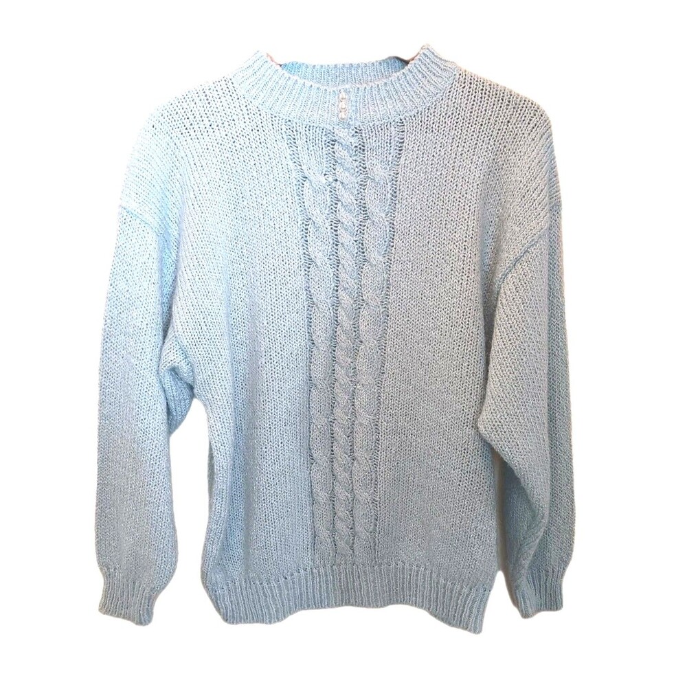 Vtg 80s Sterling Harris Baby Blue Cable Knit Sweater Pearl Button Accents